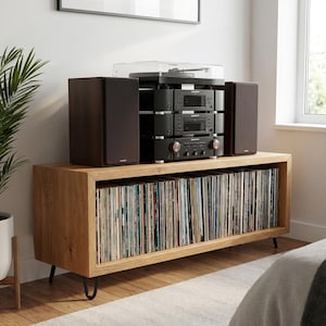 Solid Wood Vinyl Storage Unit, Record Player Stand UK, Vinyl Record Storage, Wooden Media Unit, LP Storage Cabinet