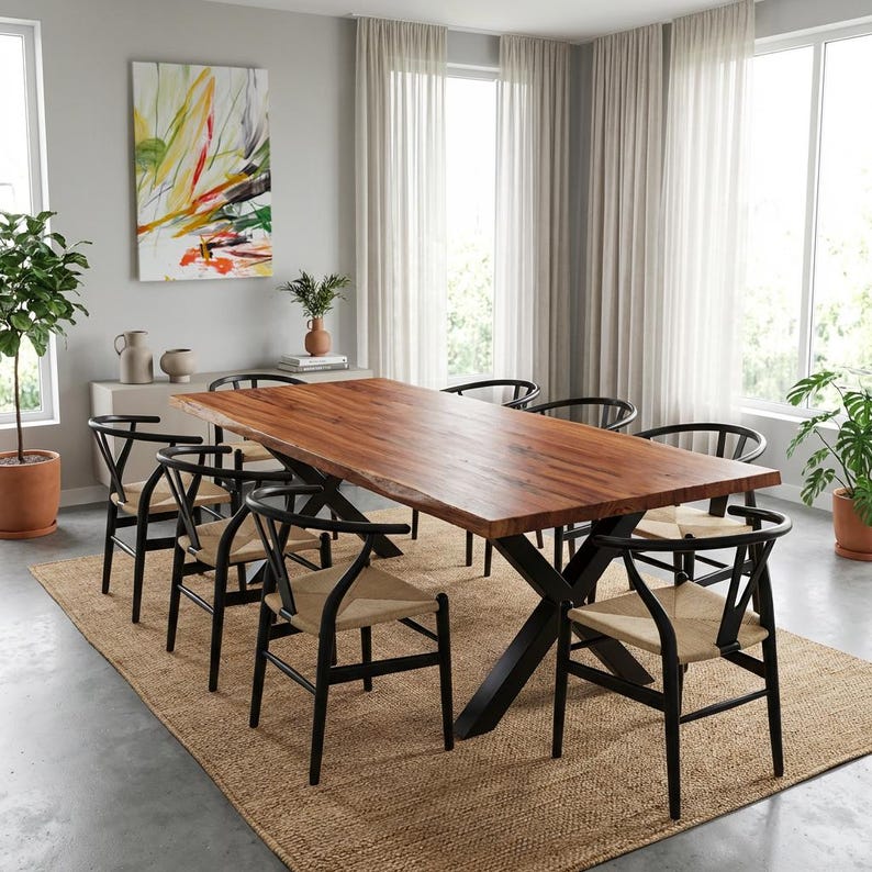 Pode incluir: Uma grande mesa de jantar retangular de madeira com borda natural, sustentada por uma base de metal preto. Oito cadeiras pretas com assentos de tecido tran&ccedil;ado circundam a mesa, colocada sobre um tapete tecido. Uma pintura abstrata colorida est&aacute; pendurada na parede.