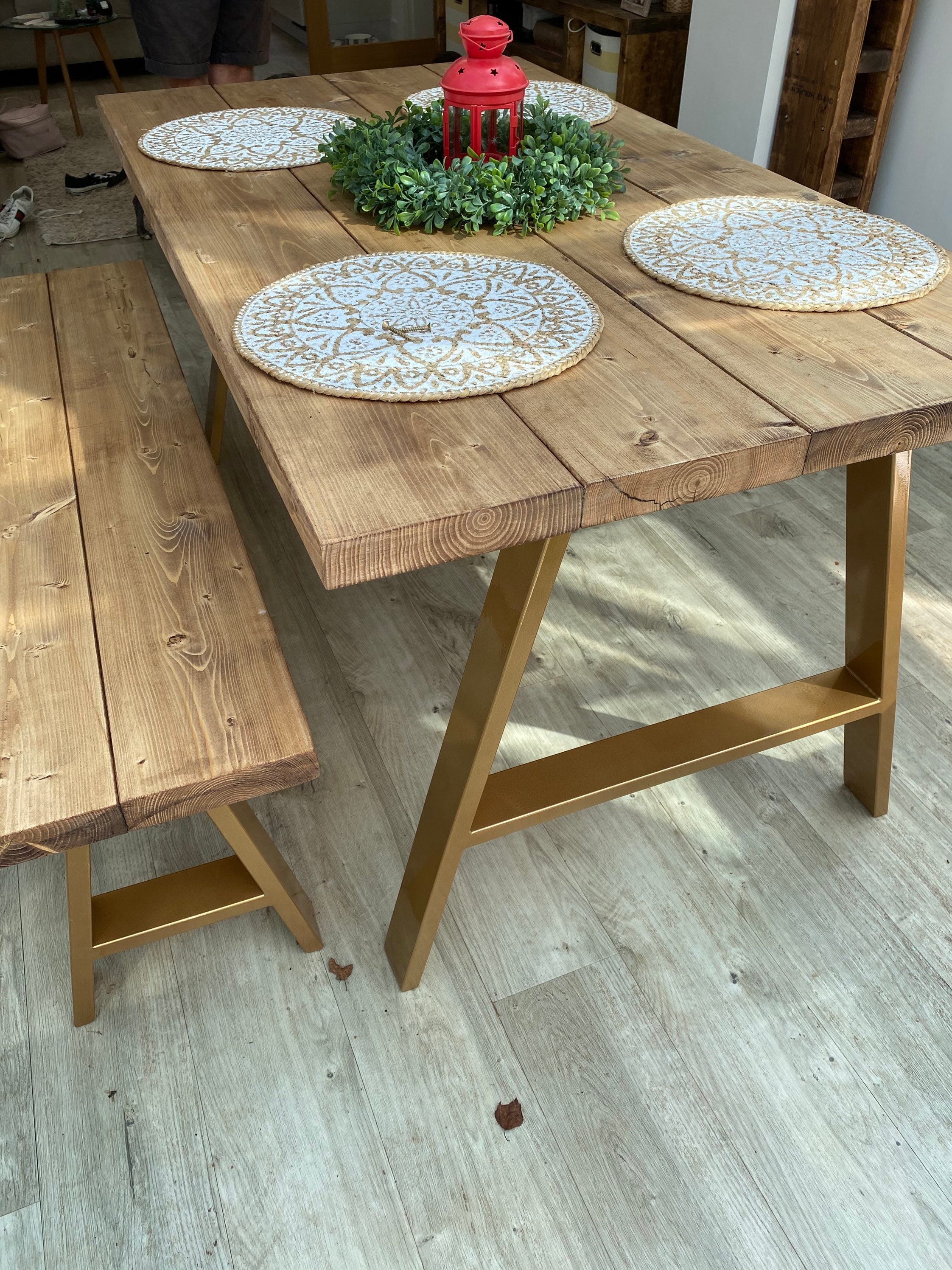 Reclaimed Dining Table Gold Steel A Frame Legs Farmhouse Etsy