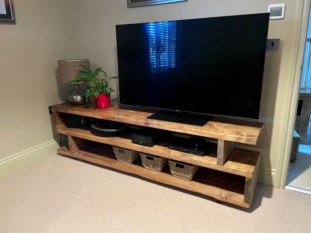 Reclaimed TV Stand Solid Wood Console Media Chunky Rustic Oak Wooden
