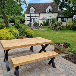 Outdoor Reclaimed Dining Table & Bench - Garden Table - 3” Chunky Solid Wood - Industrial Steel Frame Legs - Choices of Legs + Finish