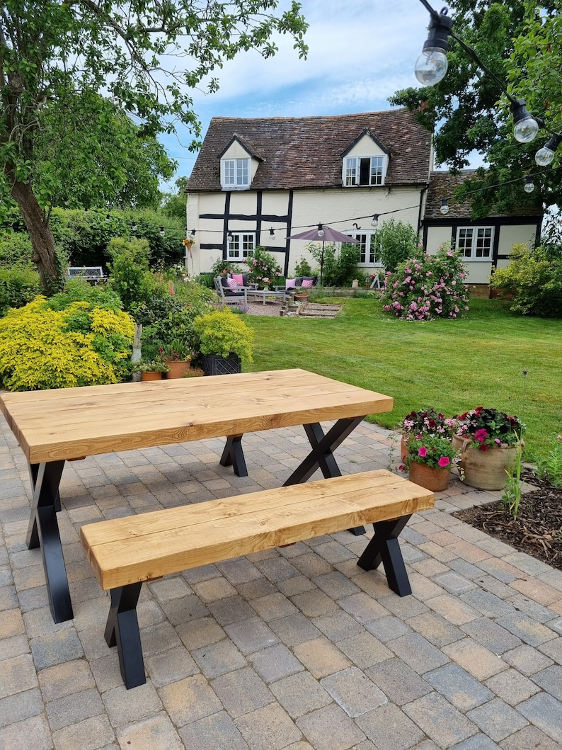 Outdoor Reclaimed Dining Table & Bench Garden Table 3 Chunky Solid Wood Industrial Steel Frame Legs Choices of Legs Finish image 1