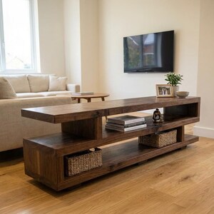 Solid Wood S Shape TV Unit, Wooden Media Unit UK, Handmade TV Stand, Modern tv Cabinet, Unique Storage Furniture image 2