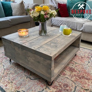 Reclaimed Square Coffee Table with Storage & Industrial Hairpin Legs Rustic Solid Wood