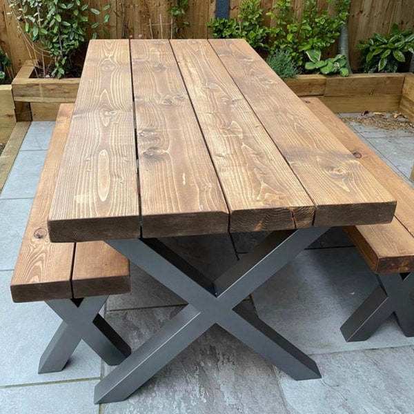 Outdoor Reclaimed Dining Table & Bench - Garden Table - 3” Chunky Solid Wood - Industrial Steel Frame Legs - Choices of Legs + Finish