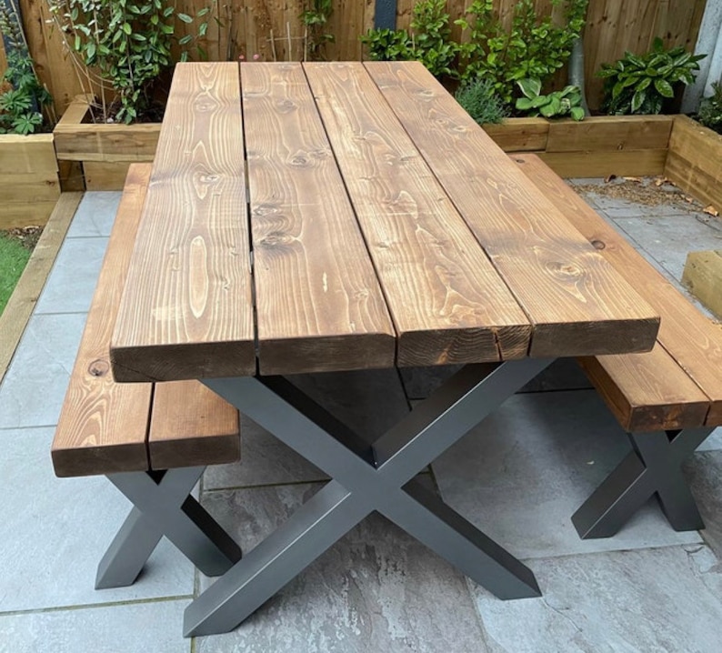 Outdoor Reclaimed Dining Table & Bench Garden Table 3 Chunky Solid Wood Industrial Steel Frame Legs Choices of Legs Finish image 1