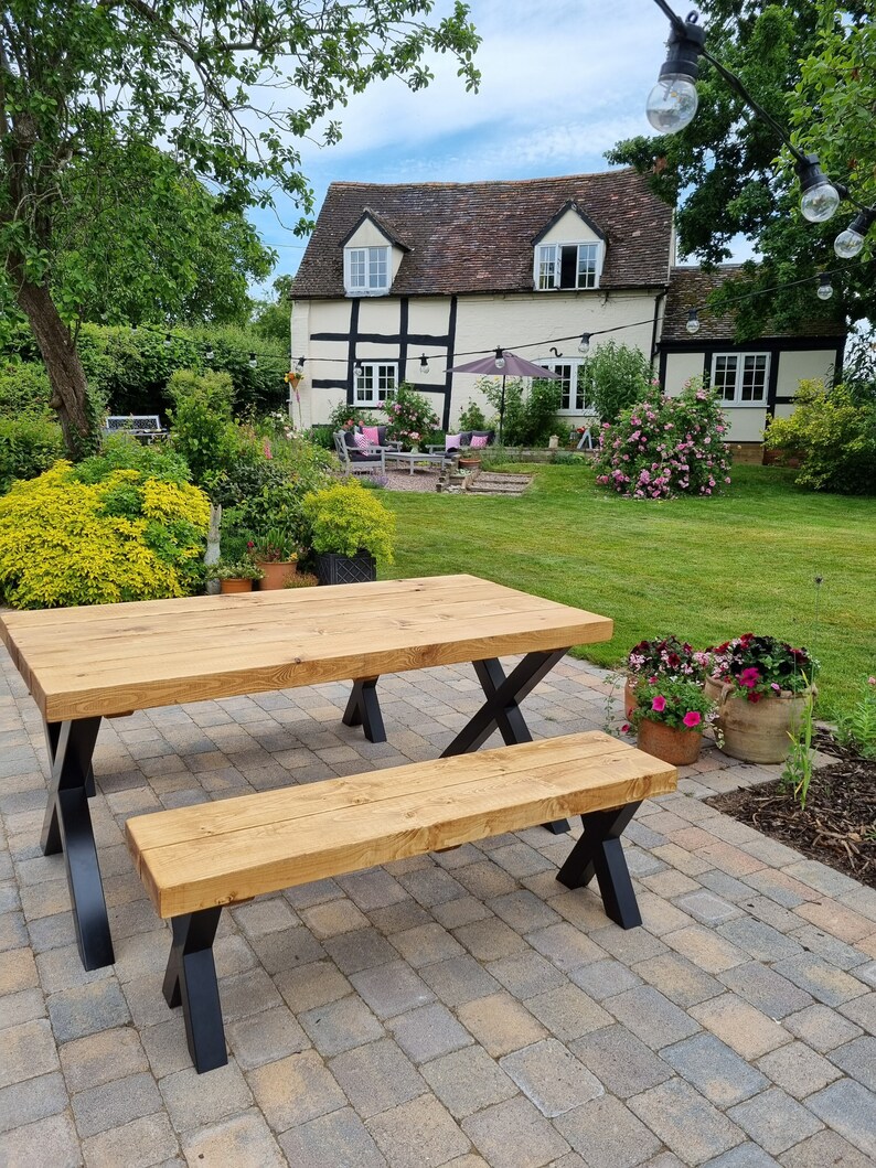 Outdoor Reclaimed Dining Table & Bench Garden Table 3 Chunky Solid Wood Industrial Steel Frame Legs Choices of Legs Finish image 3