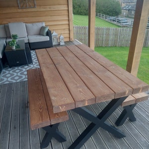 Outdoor Reclaimed Dining Table & Bench Garden Table 3 Chunky Solid Wood Industrial Steel Frame Legs Choices of Legs Finish image 2