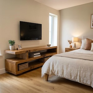 Solid Wood S Shape TV Unit, Wooden Media Unit UK, Handmade TV Stand, Modern tv Cabinet, Unique Storage Furniture