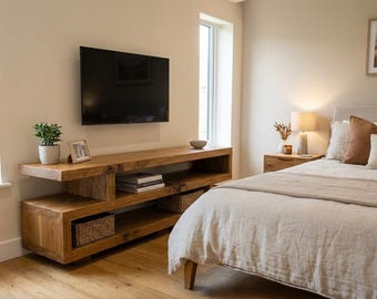 Solid Wood S Shape TV Unit, Wooden Media Unit UK, Handmade TV Stand, Modern tv Cabinet, Unique Storage Furniture