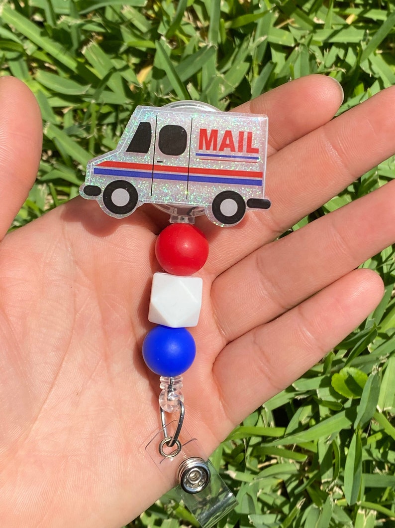 Mail Carrier Badge Reel, Glitter Mail Truck Badge Reel, Glitter Badge Reel, Post Office Badge Reel, Mailman Badge Reel, Mailman Gift Idea image 1