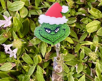 Green Christmas Monster Badge Reel, Inspired by the Grinch, Grinch-like Badge Reel, Teacher Lanyard, Glitter Badge Reel, Christmas Badge