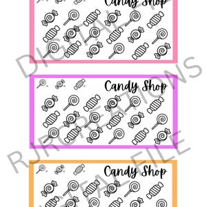 May include: Three printable cards with a pink, purple, and orange background. Each card has the text "Candy Shop" and a black and white illustration of various candies, including lollipops, wrapped candies, and swirl candies.