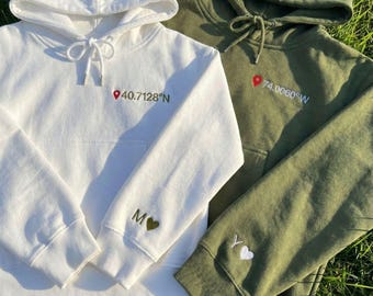 Custom Coordinates Embroidered Couple Hoodies, Personalized Location Sweatshirt, Anniversary Valentine Gift, SKU19