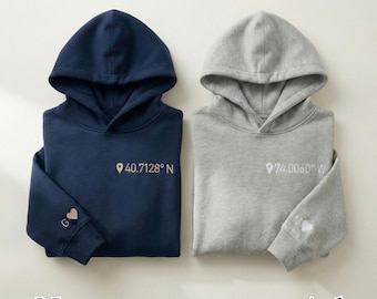 Custom Coordinates Embroidered Couple Hoodies, Personalized Location Sweatshirt, Valentine Gift, SKU26