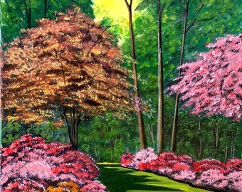 Original Oil Painting Botanical Garden, Trees and Flowers, Landscape, Wall Art, Home Decoration