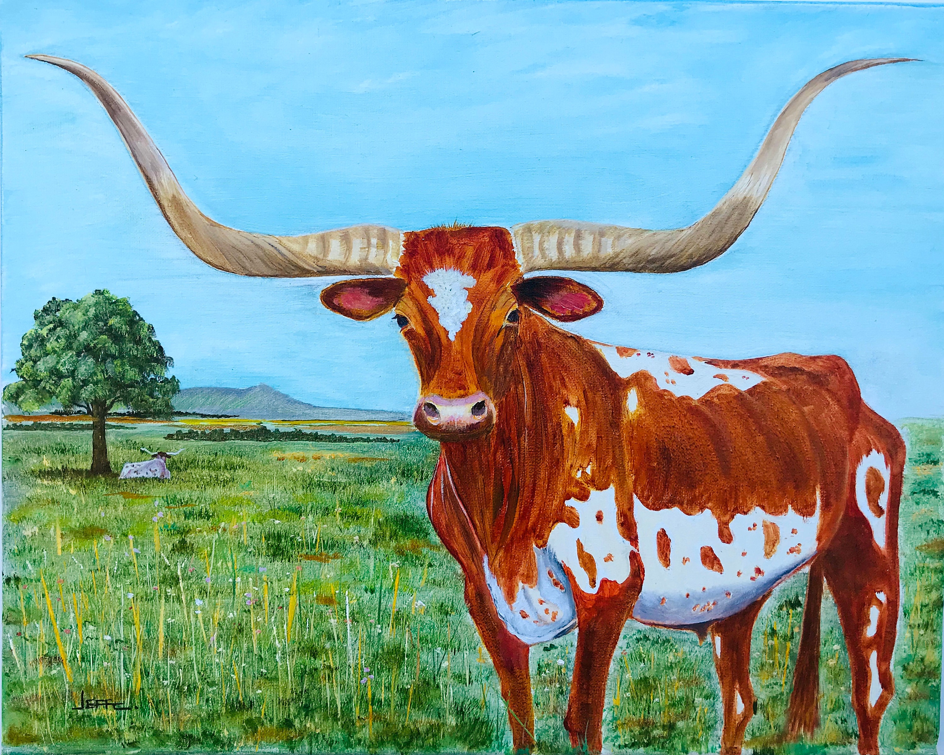 Original Oil Painting Longhorn, Texas Longhorn, Wildlife, Cow, Farm