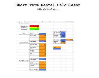 May include: A spreadsheet with a short-term rental calculator. The spreadsheet is divided into sections for sales, general expenses, and controllable expenses. The spreadsheet includes a total revenue of £2,400, total expenses of £1,654.99, and a gross profit of £745.01.