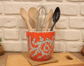 Pottery Utensil Holder Ceramic Kitchen Decor Turkish Tile Handmade Utensil Crock Orange Ceramic Pottery Utensil Organizer Kitchen Decor