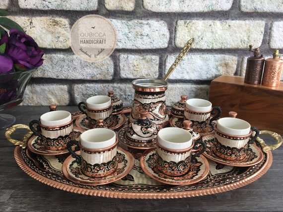 Turkish Coffee Set, Traditional Turkish Coffee Cups and Copper Coffee Pot,  Unique Home Decor 