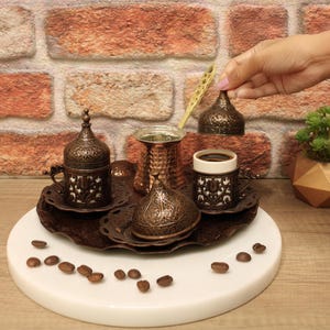 Traditional Turkish Coffee Set, Turkish Coffee Cups and Copper Coffee Pot , Home and Kitchen Decor , Gift for Her or Him, Christmas Gift