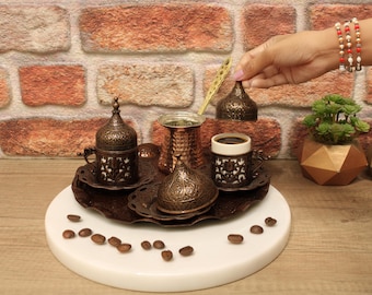 Traditional Turkish Coffee Set, Turkish Coffee Cups and Copper Coffee Pot , Home and Kitchen Decor , Gift for Her or Him, Christmas Gift