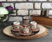 Turkish Coffee Set, Traditional Turkish Coffee Cups and Copper Coffee Pot, Unique Home Decor