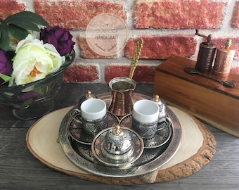 Turkish Coffee Set, Traditional Turkish Coffee Cups and Copper Coffee Pot , Engraved Copper , Handmade