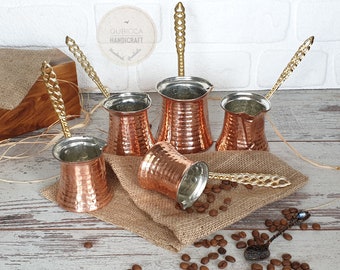 Set of 5 Turkish Coffee Pots With Brass Handle , Traditional Handmade Copper Cezve , Hammered Copper Coffee Pots