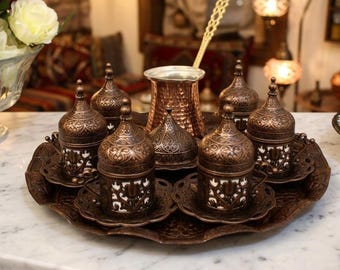 Handmade Turkish Coffee Set: Copper Coffee Pot & Porcelain Cups