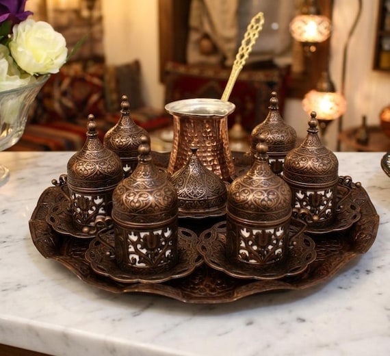 Turkish Coffee Set: Copper Coffee Pot - Porcelain Cups