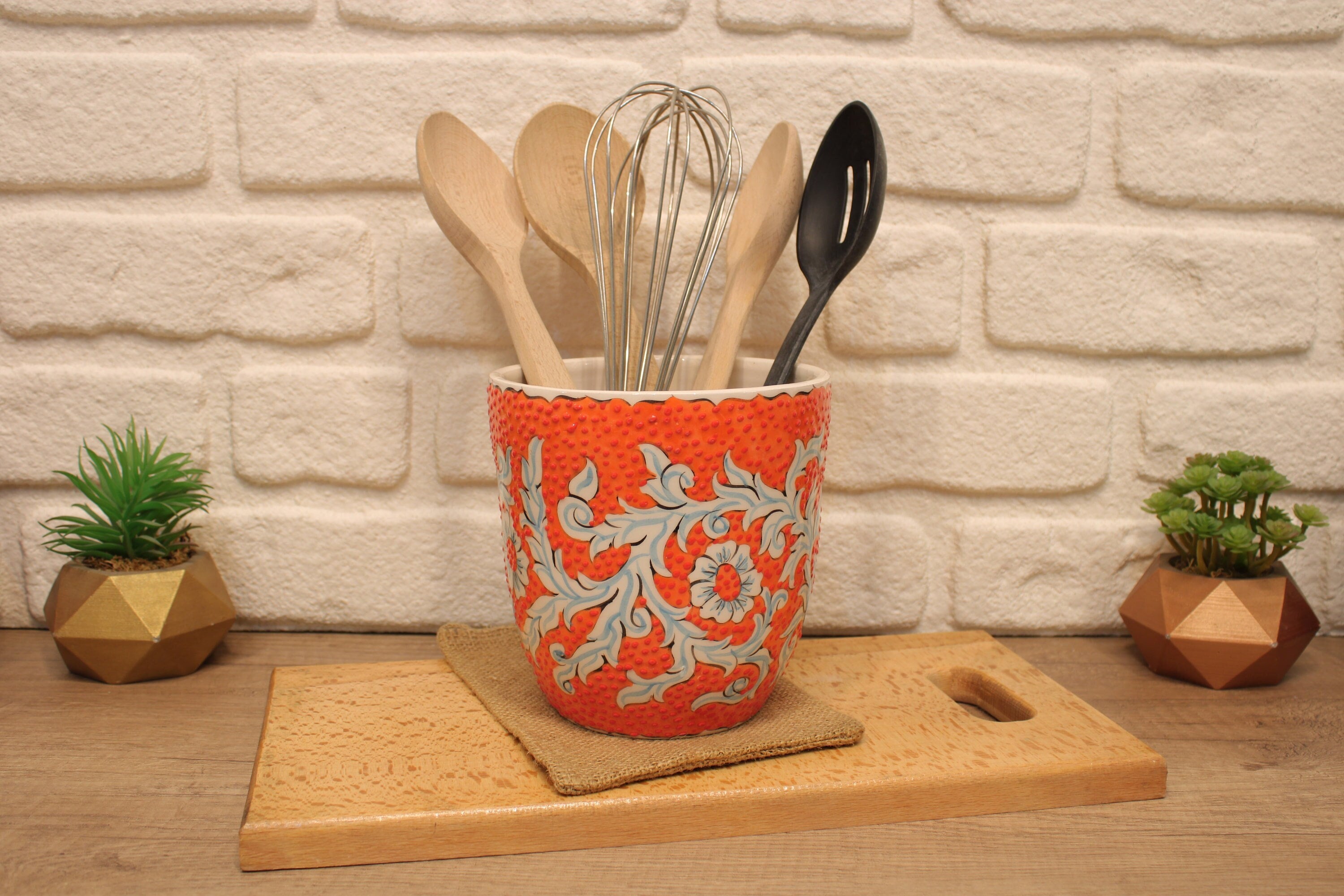 Pottery Utensil Holder Ceramic Kitchen Decor Turkish Tile Handmade