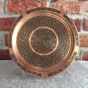 10 &quot; Decorative Copper Tray With Stand , Engraved Turkish Copper , Table Tray , Tray for Ottoman, Unique Home Decor, Wedding Decor ,Handmade