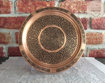10 " Decorative Copper Tray With Stand , Engraved Turkish Copper , Table Tray , Tray for Ottoman, Unique Home Decor, Wedding Decor ,Handmade