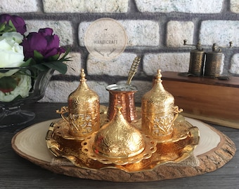 Turkish Coffee Set, Traditional Turkish Coffee Cups and Copper Coffee Pot