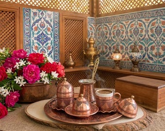 Handmade Engraved Copper Turkish Coffee Set: Traditional Coffee Cups & Pot