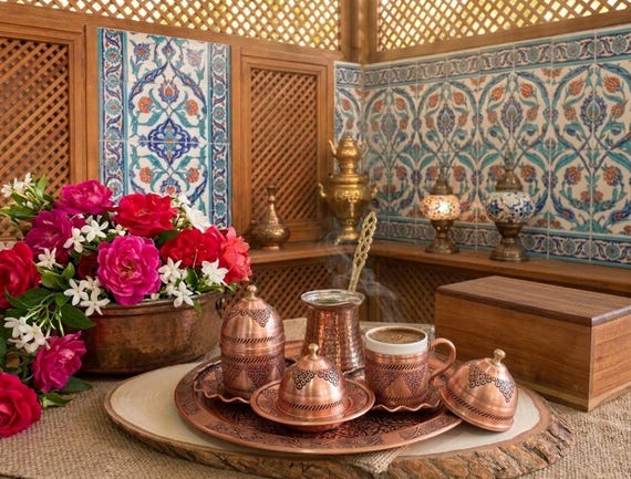 Handmade Engraved Copper Turkish Coffee Set: Traditional Coffee Cups & Pot