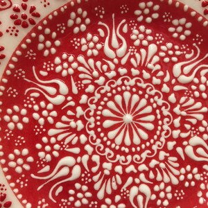 Puede incluir: Un plato de cer&aacute;mica rojo con un dise&ntilde;o floral blanco. El dise&ntilde;o presenta intrincados remolinos y puntos.
