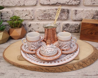 Turkish Coffee Set, Traditional Turkish Coffee Cups and Copper Coffee Pot, Unique Home Decor