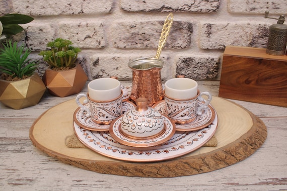 Turkish Coffee Set, Traditional Turkish Coffee Cups and Copper Coffee Pot,  Unique Home Decor 