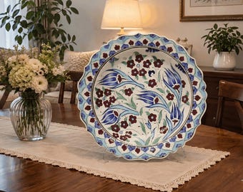 Plato de pared de cerámica turca, decoración de azulejos hecha a mano, plato decorativo de 30 cm con soporte, regalo de cerámica para el noveno aniversario, regalo de inauguración de casa.