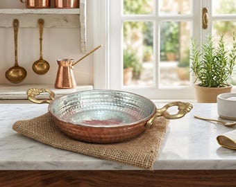 Handmade Turkish Copper Pan: Hammered Frying Pan with Brass Handle.