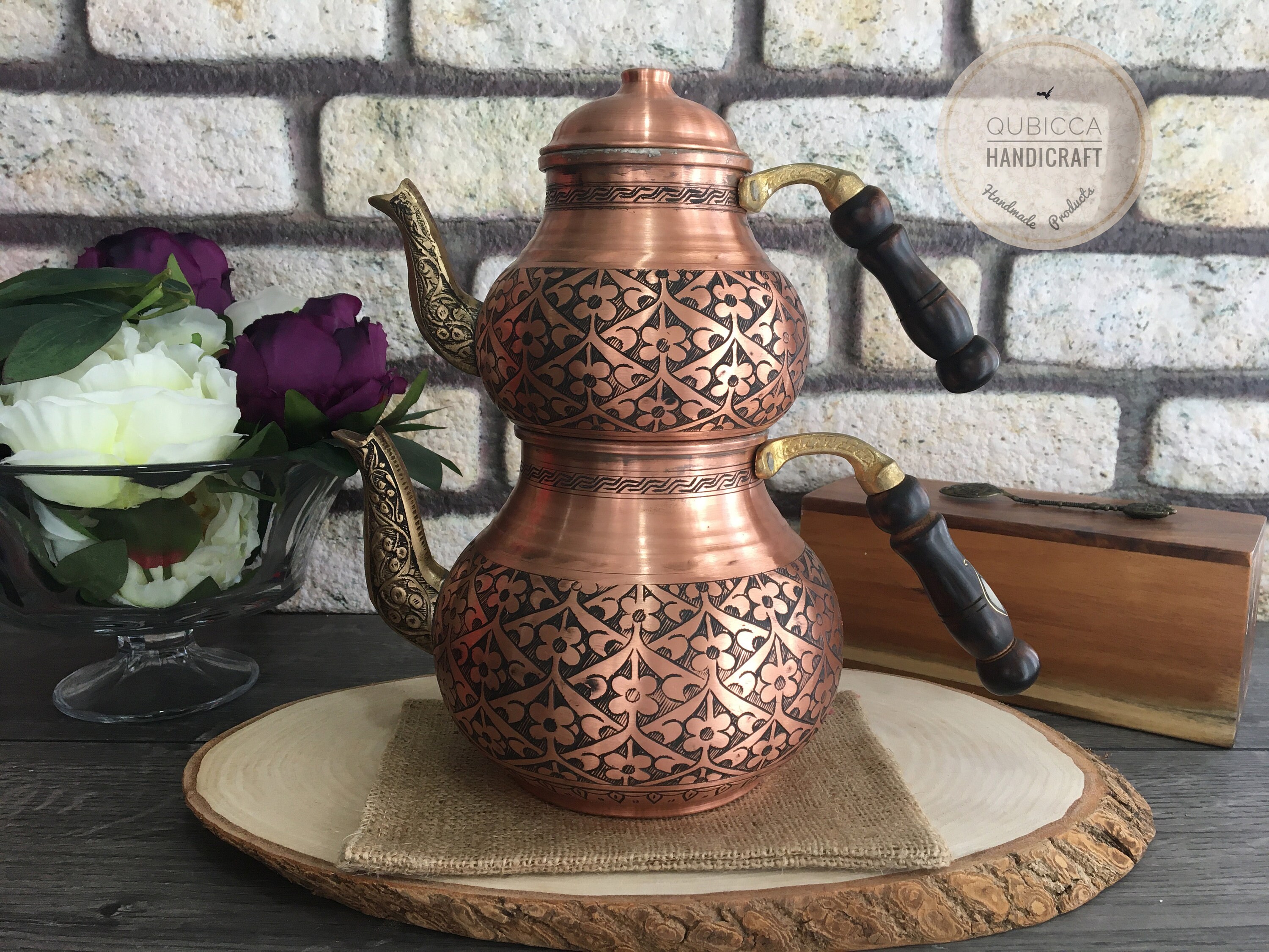 Traditional Turkish Copper Teapot With Wooden Handle, Copper