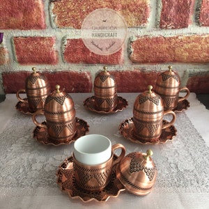 Traditionelle türkische Kaffeetassen, gravierte türkische Kaffeetasse, handgefertigte Kupferkaffeetassen