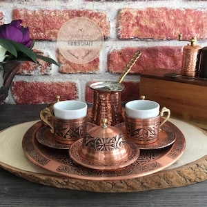Handmade Engraved Copper Turkish Coffee Set: Traditional Coffee Cups & Pot