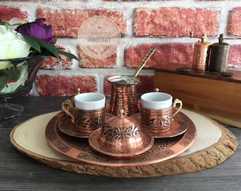 Turkish Coffee Set, Traditional Turkish Coffee Cups and Copper Coffee Pot , Engraved Copper , Handmade