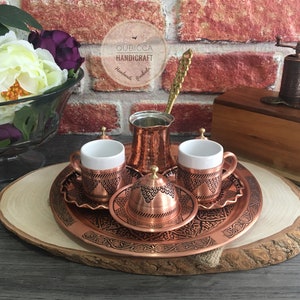 Turkish Coffee Set, Traditional Turkish Coffee Cups and Copper Coffee Pot , Engraved Copper Set , Handmade