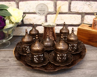 Turkish Coffee Set, Traditional Turkish Coffee Cups and Copper Coffee Pot, Unique Home and Kitchen Decor