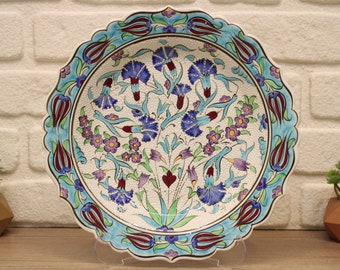 12" Turkish Tile Decorative Plate Handmade Ceramic Dish Wall Art Plates Unique Decor Living Room Wall Art Plate Pottery Wall Hanging Plate