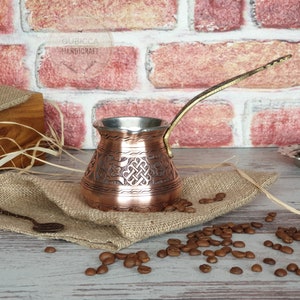 Turkish Copper Coffee Pot 14 oz ,Engraved Turkish Coffee Pot With Brass Handle , Traditional Handmade Copper Cezve